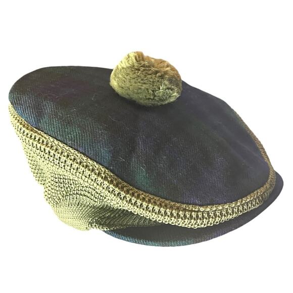 Scottish Tam Blue and Green Plaid Wool Golfing Driving Hat Knit With Pom Pom - Picture 5 of 11